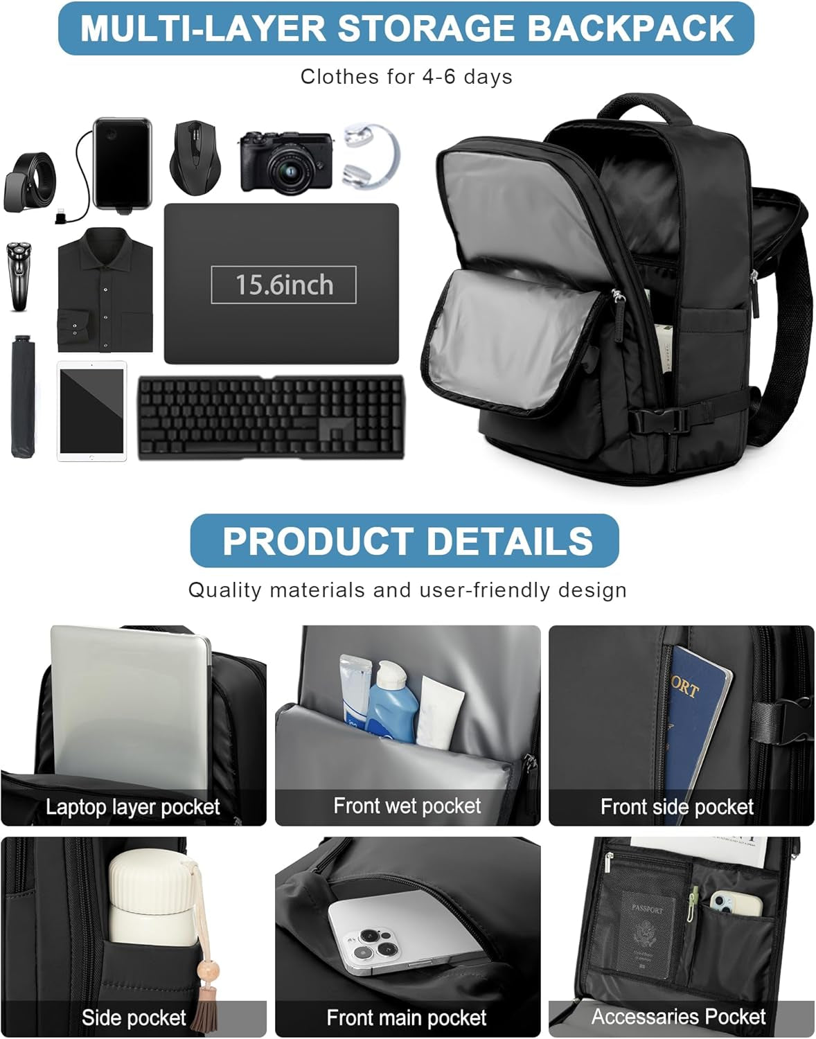 Carry on Travel Backpack for Women Men Large Laptop Gym Work Frontier Airlines Personal Item Bag Business Airport Lightweight Backpack Flight Approved Mochilas De Viaje Black